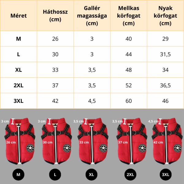 Kutyakabát mérettáblázat