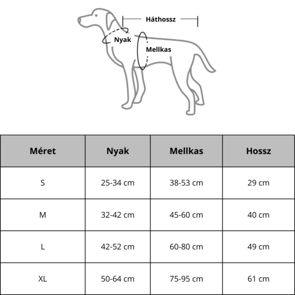 Meleg kutyaruha mérettábla